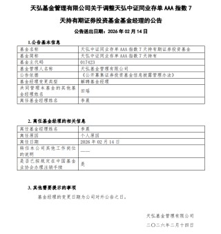 天弘中证同业存单AAA指数7天持有基金经理变更 李晨离任