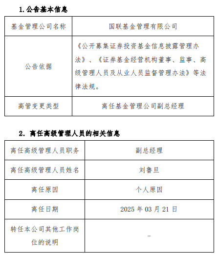 任职不满1年 国联基金副总经理刘鲁旦因个人原因离任 第1张 任职不满1年 国联基金副总经理刘鲁旦因个人原因离任 第1张