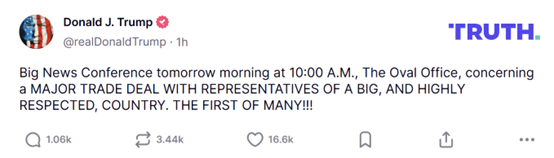 锁定今晚10点！特朗普预告：将宣布与某大国的 “重大贸易协议”  第1张