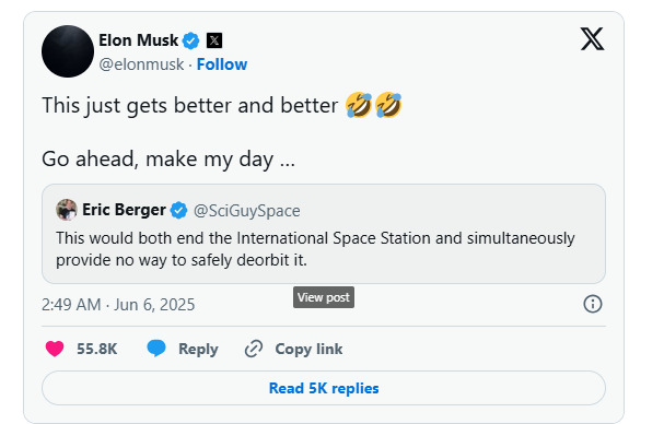 要玩就玩大的？马斯克回击特朗普：SpaceX“龙”飞船将立即退役！  第1张